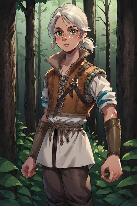 score_9, score_8_up, score_7_up, score_6_up, score_5_up source_anime,  <lora:Ciri-Young:0.8> ciri_young, tunic, vest, leather bracers, belt, standing, ponytail, brown pants, leather boots, forest, green eyes, freckles, <lora:pony_good_hands:1> good_hands, better_hands, <lora:OtherStyle_03:0.8>, <lora:The_last_of_us_Style:0.3>, (dark background 1.4),