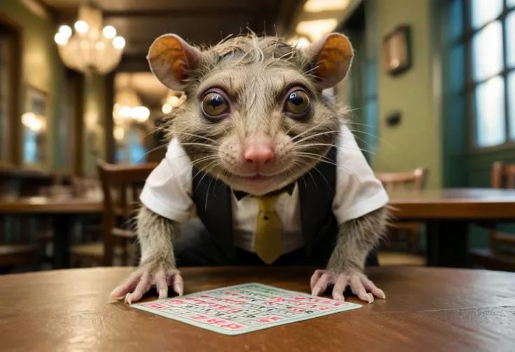 comical realistic looking mutated fr0g_rat hybrid creature, mangy, looking sad at floor, highly detailed, playing bingo sitting at table, blurry background, subject in focus,  big eyes bulging from head, monocle, perfect