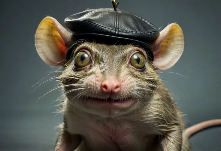 a comical realistic looking mutated fr0g_rat hybrid creature, looking at viewer, highly detailed, wearing a toupe, big eyes bulging from head, monocle, perfect