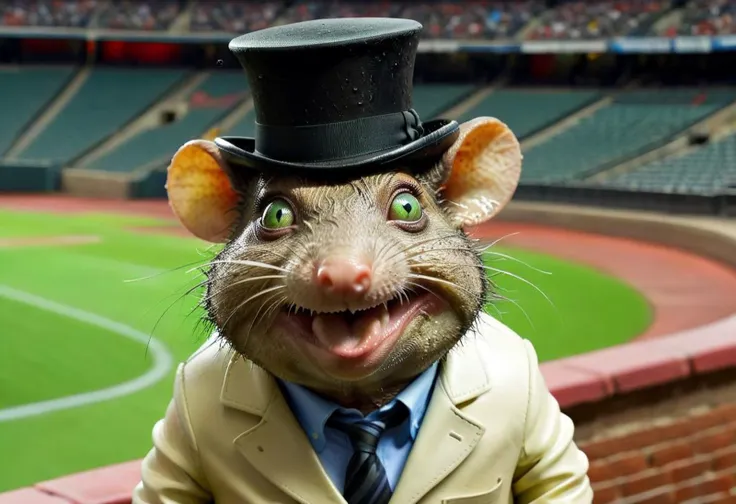 comical Realistic looking mutated fr0g_rat hybrid creature giving a tedtalk to a stadium, highly detailed, big watery sad eyes bulging from head, so ugly its cute, wearing tophat, perfect,