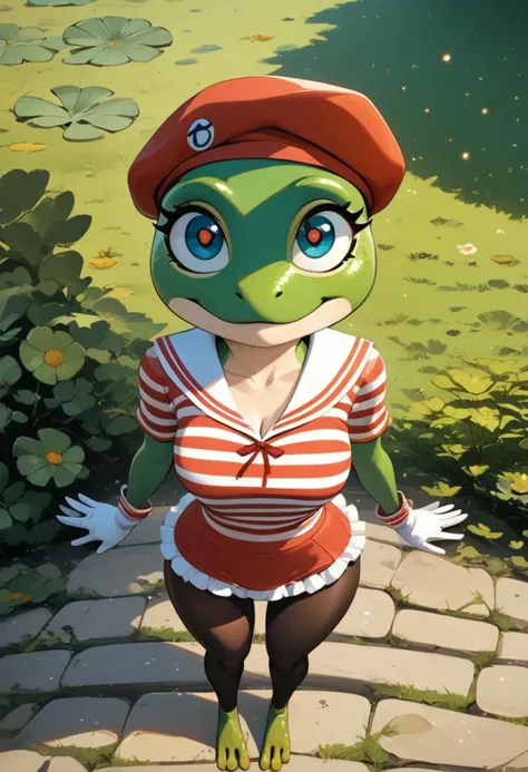 score_9, score_8_up, score_7_up, detailed background,  1girl, frog girl, green skin, frog head, large head, anthro, scalie, furry, fr0g head, amphibian, sexy,, <lora:3_pollyPlantarXL:1> p0lly, frog girl, wearing french beret, striped shirt, pink frilled skirt, tight leggings, white gloves, slender, skinny, petite girl, bald, large eyes, standing, looking at viewer, happy, kind eyes, smile, kind smile, white sailor collar, cleavage, white ribbon, 1930's toon city,  cute, in the style of beatrix potter, flat color, backlit, (high angle view:2), outdoors, (magic particles),
 detailed background, multiple view angles, dynamic views, score_9, score_8_up, score_7_up, score_6_up, score_5_up, score_4_up, ultra realistic image, ultra detailed, neolight, (hips:1.3), natural lighting, detail++