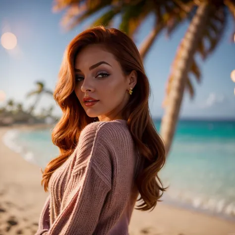 a close up of a woman with long red hair on a beach