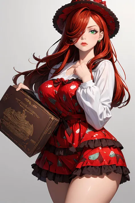 masterpiece,8k high quality detailed,highres,anime,,
illustration \(art_book\),(an illustration of a female,illustration \(female\),(solo)),
,CARTOON_jessica_rabbit_aiwaifu,aiwaifu,tall female,red hair,very long hair,[[hair over one eye]],green eyes,red lips,lipstick,eyeshadow,makeup,large breasts,narrow waist,curvy,thick thighs,wide hips,long legs,jewelry,earrings,(<lora:lo_dress_vol3_style3_v1:0.5>, cyb dress,layered dress,print dress,frilled dress,strawberry print,dress bow,bow,white shirt,long sleeves,hair bow,hat),Frown,detailed_face,
((hands folded)),
Through an over-the-shoulder perspective, providing context and depth,
(,realistic clothing texture,realistic_skin_texture),<lora:velvia:0.6>,<lora:CARTOON_jessica_rabbit_aiwaifu69:0.65>,<lora:more_details:0.3>