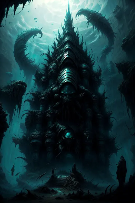 <lora:TemplesAndChurches:1> temple exterior, sinister fantasy, at the bottom of the ocean, dark, ominous, cthulhu, epic, best quality, masterpiece, <lora:more_details:0.65>