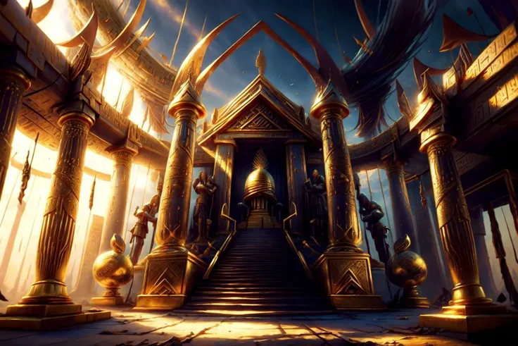 <lora:TemplesAndChurches:1> temple, sinister fantasy, egyptian pyramid interior, golden statues, tomb, best quality, masterpiece, <lora:more_details:0.65>