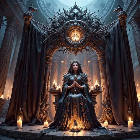 (masterpiece:1.2), (best quality,:1.2), 8k, HDR, ultra detailed, ((photorealistic)), professional light, cinematic lighting, fashion photography, ambient lighting, atmospheric effects, <lora:detail_slider_v4:2.5>, a beautiful fantasy priestess, upper body shot, wearing intricate dark robes, FanRo, <lora:FantasyRobes-10:0.6>, worshipping her evil goddess at the altar of a small sinister temple, <lora:TemplesAndChurches-10:0.4>, (perfect hands), epiCPhoto