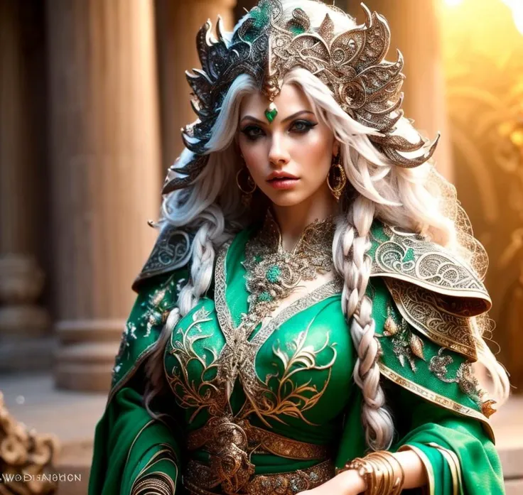 (masterpiece:1.2), (best quality,:1.2), 8k, HDR, ultra detailed, ((photorealistic)), professional light, cinematic lighting, fashion photography, ambient lighting, atmospheric effects, <lora:detail_slider_v4:2.5>, OverallDetail, fHandDetail, Brooke, <lora:Brooke-10:1>, as a female woodelf druid of nature, cowboy shot, dark makeup, earrings, dynamic pose, wearing intricate green robes with embroidered leaves, dress, headpiece, belt, cape, ElAr, <lora:ElvenArmor-10:0.65>, worshipping her goddess at the elaborate altar of a small magical temple, donm3lv3nm4g1c , <lora:DonM3lv3nM4g1c-000005:0.5>, <lora:TemplesAndChurches-10:0.55>, ((perfect hands)), epiCPhoto