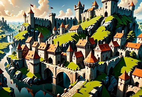 Ultra realism, high quality, high resolution 8K and above, stable and accurate focus, ultra correct anatomy, super detail. A medieval fortress built of massive stone walls, with tall towers and battlements. The fortress is located on top of a hill, surrounded by a deep moat with a drawbridge. Behind the walls you can see small houses and buildings typical of the Middle Ages, as well as green courtyards with pastures. The sunlight illuminates the stone walls, highlighting their texture and the details of the architecture. Birds fly in the sky, and in the background you can see forests and mountains.
Colors: Stone gray walls, greenery of the surrounding woods and yards, blue sky with white clouds.
Objects: Stone walls, towers, battlements, moat, drawbridge, medieval houses, green yards, birds, forests, mountains.
Atmosphere: Historic, majestic, authentic.
Styles: Realistic, Historical, Medieval.
Additional items: Ancient banners, knightly armor and weapons, scenes of village life in the courtyards, medieval carts.