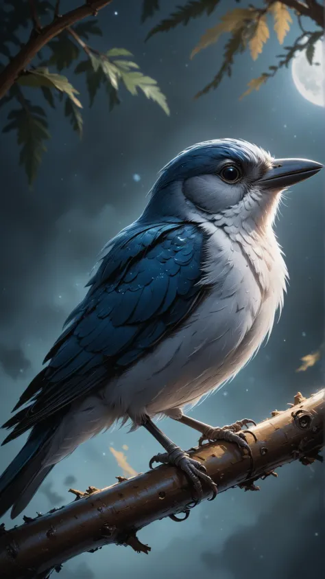 A songbird perched on a branch, singing in the moonlight, Mysterious atmosphere, Dark blue and silver color palette, Moon in the background, Rays of moonlight, Shadows, Realistic texture, Furfeathers and feathers, High contrast, Crisp details, Vibrant colors, Bokeh, Masterpiece, High quality, High resolution, Fine art, Highly detailed, Dramatic, Emotional, Evocative, Intricate, Brilliant, Astonishing, Captivating, Thought-provoking, Breathtaking