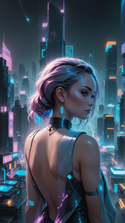 A young woman wearing a pearl earring, standing in a futuristic city, neon lights, glass skyscrapers, glowing holograms, clean and sleek aesthetic, soft ambient light, cool color palette (blues, purples, and silvers), focused on the woman's face and earring, detailed and sharp, high quality, artstation, standing in a futuristic city, neon lights, glass skyscrapers, glowing holograms, clean and sleek aesthetic, soft ambient light, cool color palette, focused on the woman's face and earring, detailed and sharp, high quality.