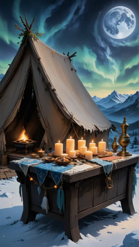 Tent with tattered and frayed fabric, intricate and elaborate patterns, tassels and fringes, dimly lit interior, glowing crystals, candles, tarot cards, parchment scrolls, cauldron, wooden staff, full moon, northern lights in the background, twinkling stars, snow-covered ground, mystical aura, cool color palette, moody, atmospheric, detailed, intricate.