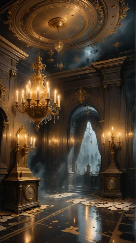 Echoing laughter, melting clocks, grand hall of a haunted mansion, dimly lit chandeliers, ornate gold decorated walls, checkered marble flooring, large group of ghostly figures, some in Victorian era clothing, floating candles, eerie atmosphere.