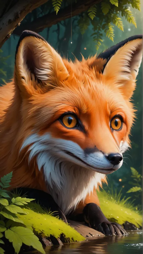 A playful red fox peeking out of a cozy den, illuminated by a whimsical waterfall of shimmering, glowing light in a lush, dark, mysterious forest. The fox has bright, curious eyes and a twinkle of fun and curiosity in them. The forest is filled with vibrant, lush foliage and glowing mushrooms casting warm, inviting light. The overall mood is enchanting and intriguing, inviting the viewer to explore further into the scene.