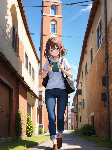 (best quality:1.4), amazing intricate, walking smartphone, looking down <lora:eye-lookdown:0.6>