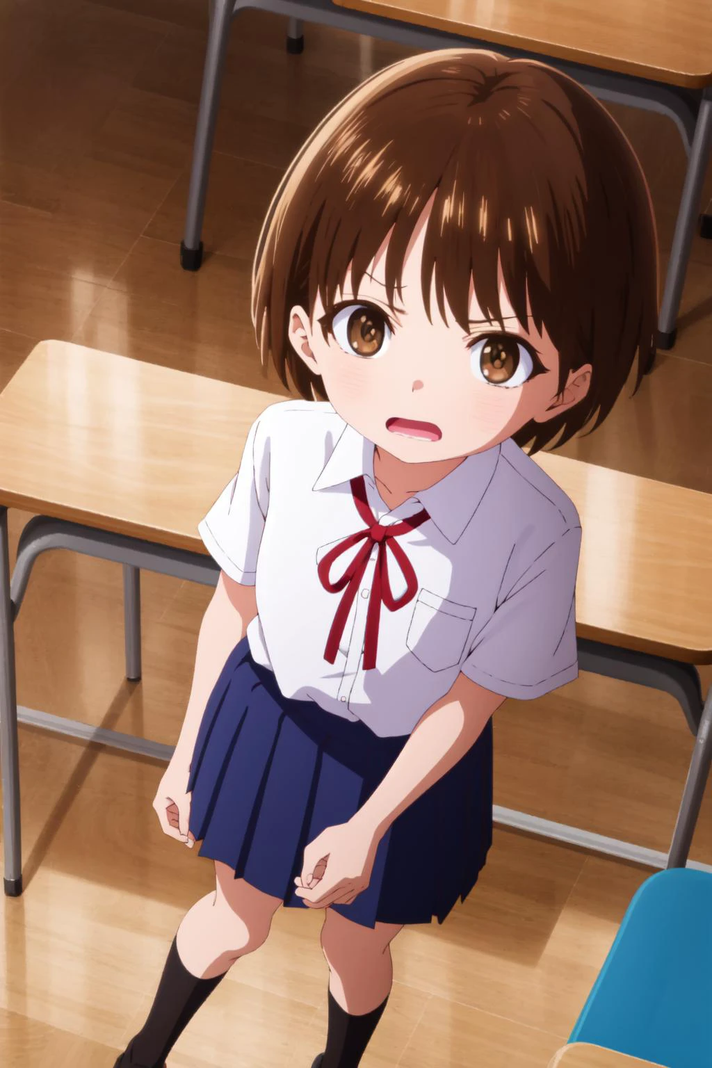 best quality, amazing intricate, high contrast, anger,
<lora:chihiro kobayashi s1-lora-nochekaiser:1> chihiro kobayashi, short hair, brown hair, (brown eyes:1.5),
skirt, shirt, school uniform, pleated skirt, socks, white socks, white shirt, collared shirt, ribbon, red ribbon, short sleeves
cowboy shot, classroom, from above