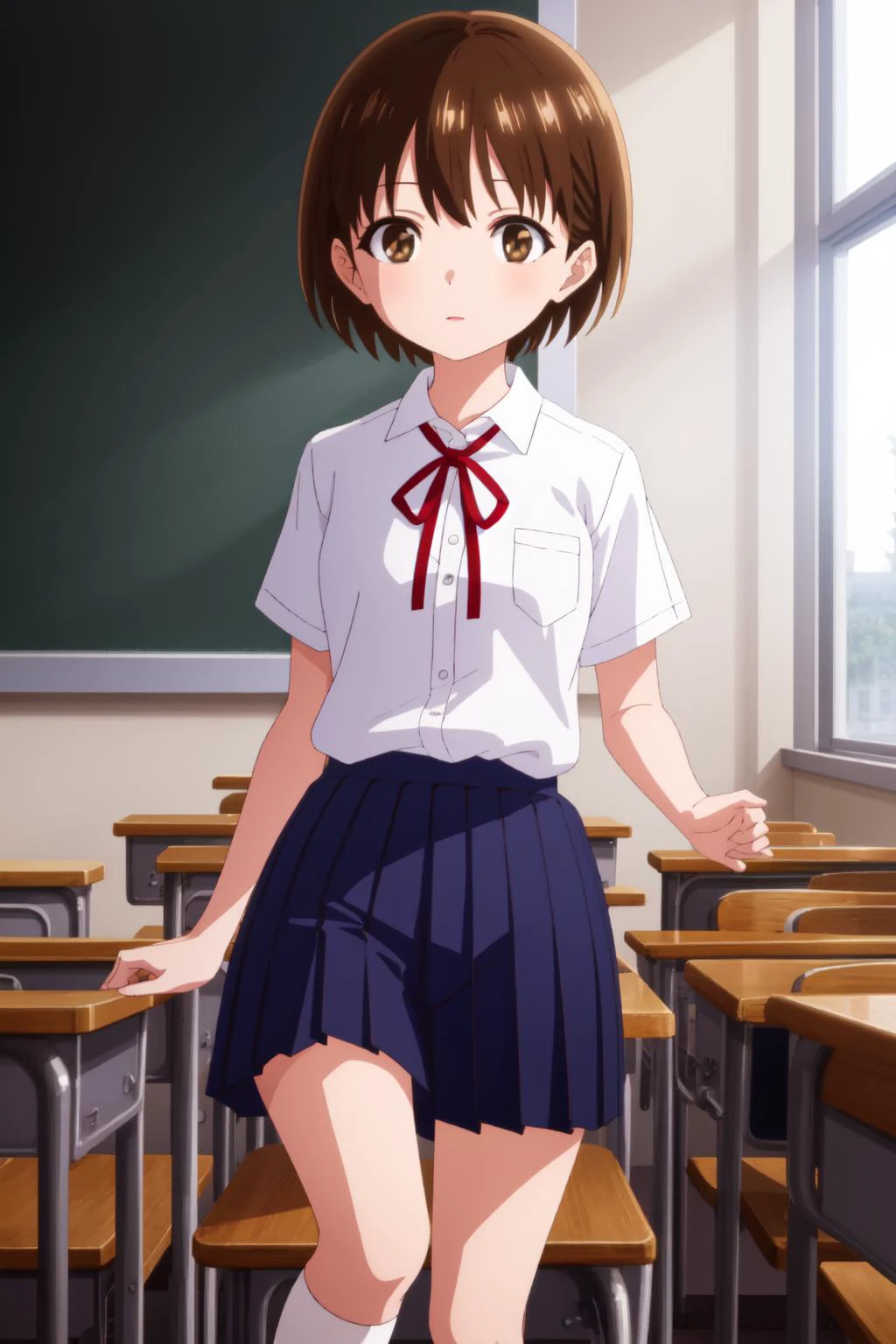 best quality, amazing intricate, high contrast,
<lora:chihiro kobayashi s1-lora-nochekaiser:0.9> chihiro kobayashi, short hair, brown hair, (brown eyes:1.5),
skirt, shirt, school uniform, pleated skirt, socks, white socks, white shirt, collared shirt, ribbon, red ribbon, short sleeves
cowboy shot, classroom