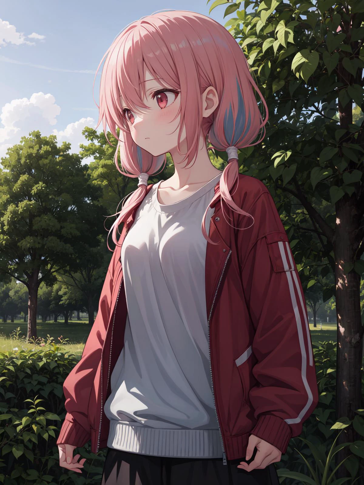 amazing intricate, cute girl, round eyes, dropping eyes, small breasts,
exhausted, pink hair, standing, in an orchard,
(looking away:1.2),
(low low twintails:1.4),
from front, upper body,
cyberdelic letterman jacket, neon pastel long skirt, Ambient occlusion, bokeh