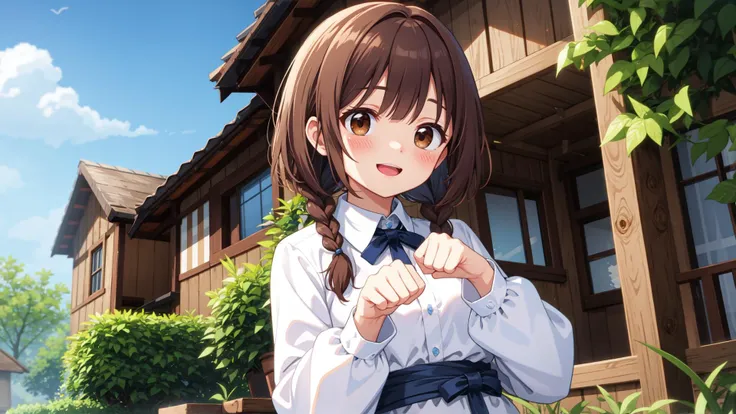 (best quality:1.4), amazing intricate, high resolution, textile shading, isekai, outdoors, garden, house, bluesky, blurred background,
cute girl, solo, dark brown hair, twin braids, dark brown eyes, small breasts, (happy:1.2), shy, blush,
cowboy shot, collared one piece dress, long sleeves, paw pose