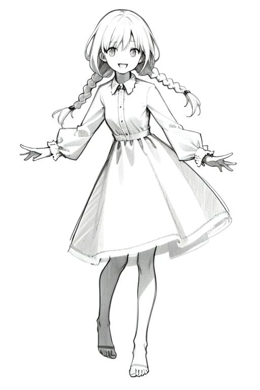 illustration, pencil \(medium\), (monochrome, sharp sketch:1.4), cute girl, clear eyes, happy, :d, small breasts,
white hair, twin braids, white dress, collared one piece dress, long sleeves, long skirt,
from front, full body, standing, touching toes,
(simple background, white background:1.3)