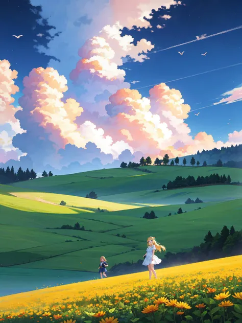 (best quality:1.4), amazing intricate, high resolution, 8K, girl, blue sky, cloud, day, field, flower, flower field, grass, outdoors, plant, scenery, sky, bird, city, night sky, night, smile
