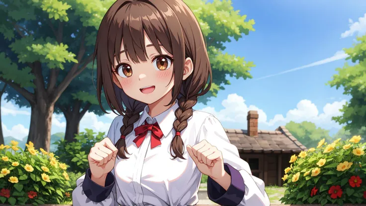 (best quality:1.4), amazing intricate, high resolution, textile shading, isekai, outdoors, garden, house, bluesky, blurred background,
cute girl, solo, dark brown hair, twin braids, dark brown eyes, small breasts, (happy:1.2), shy, blush,
cowboy shot, collared one piece dress, long sleeves, reaching