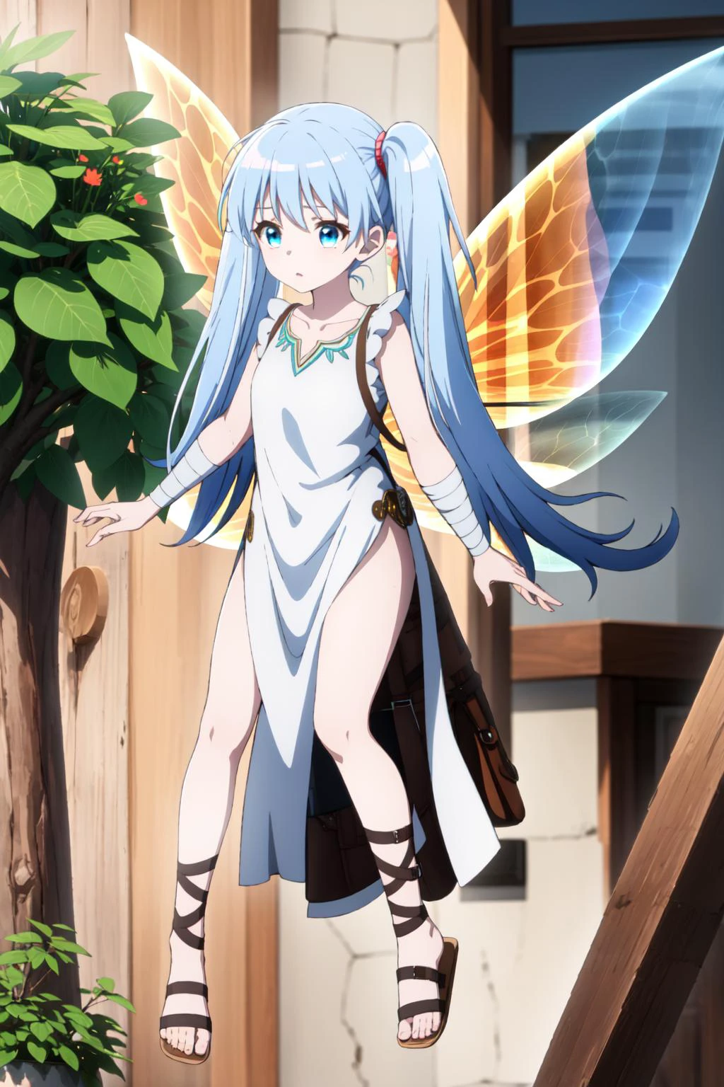 (best quality:1.4), amazing intricate <lora:lafanpan s1-lora-nochekaiser:1> lafanpan, long hair, blue eyes, twintails, blue hair,dress, wings, bandages, sandals, fairy wings, fairy,