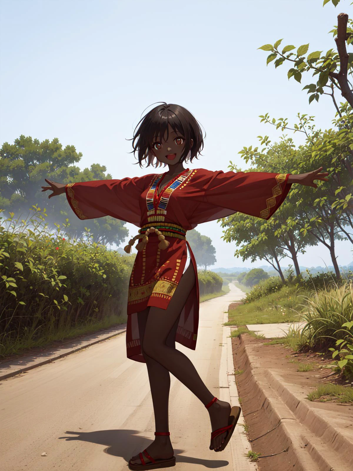 amazing intricate, black hair, short hair, dark brown eyes, (round eyes:1.3), happy, :D, medium breasts,
outstretched arms, looking at viewer,
(dashiki:1.6), sandals,
from side,
full body, ghana, arid region, sparse vegetation, sky <lora:kasshokuhada:1>