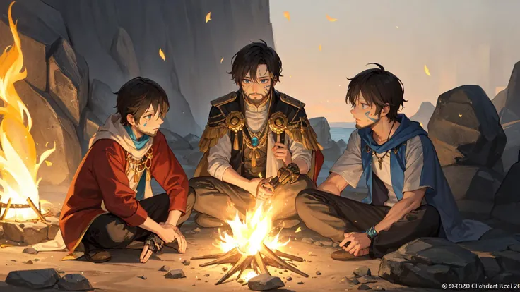 best quality, amazing intricate,
(1man, masculine adult spanish male:1.2), aquamarine eyes, black hair, short beard,,
black,
silver,
solo, half shot, detailed background, detailed face, (<lora:StonepunkAI:0.8>, stonepunkAI, stone theme:1.1), wise, black facepaint, geomancer shaman, mystical, golden hour feathered clothes, totem, amulet, dynamic pose, floating particles, rocks, campfire in background, ritual, cinematic atmosphere,,
dark blonde,
medium hair,
british,
<lora:MahabharataPunkAI:0.6>, MahabharataPunkAI