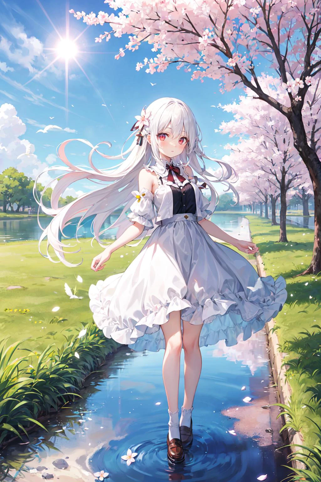 (Highest picture quality), (Master's work),(Detailed eyes description),(Detailed face description),
1girl,red eyes,white hair,(very long hair),very long hair (floating in the wind),hair ornament,white dress,small breast,bare legs,white socks,leather shoes,arms and hands behind back,blush,fluttering grass,(spring,sakura blossoms),petals,(lens flare),altocumulus,dazzling light,cool breeze,(shade) of [a sakura tree],meadow,(the grass is growing and the birds are flying),(lake,surface reflection)