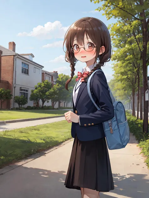 best quality, amazing intricate, cute girl, (round eyes:1.2), dark brown eyes, small breast, 
dark brown hair, twin braids, round glasses, (looking at viewer:1.1), 
(surprised, blush, shy smile, open mouth:1.2), 
diagonally from side, 
cowboy shot, (walking:1.2), 
(thin:1.4) student bag, 
blazer school uniform, (tuck skirt, long skirt:1.3), 
on the road in a residential area, block wall, tree, sky <lora:hohoaka:1.3>