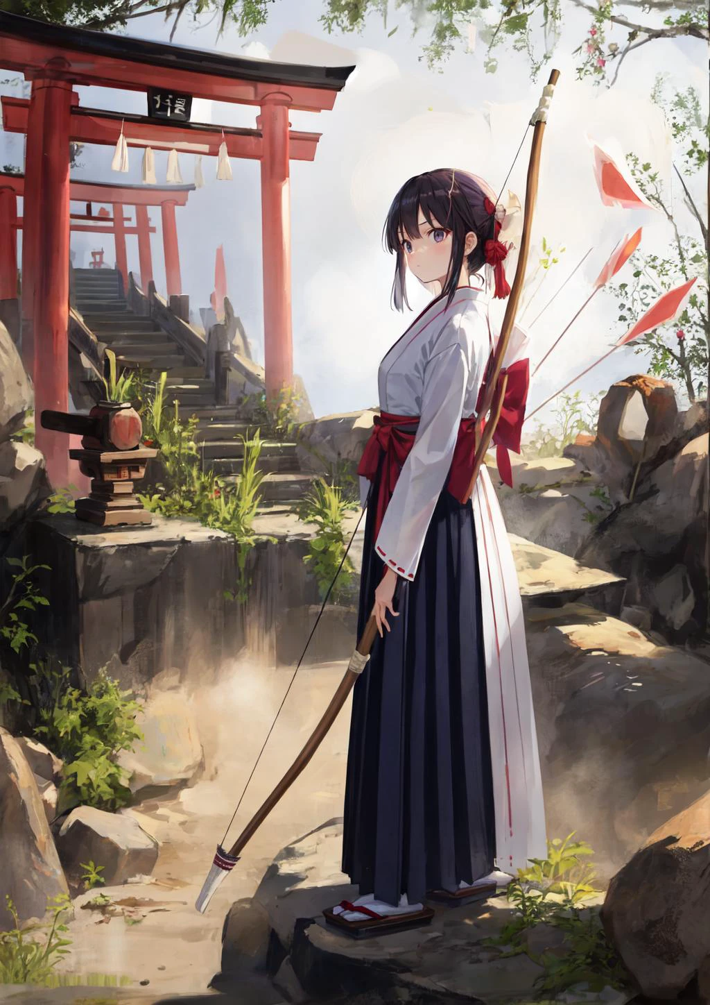 1 girl, best quality, amazing intricate, archer, (holding long bow:1.3), japanese cloth, japanese hakama, tasuki, red torii, (serious expression:0.8)
