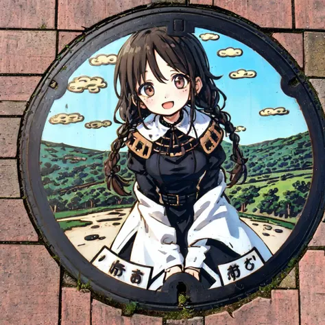 1 girl, best quality, amazing intricate, dark brown hair, twin braids, dark brown eyes, (round eyes:1.3), :d, medium breasts,
from front, face only close up,
in the forest, mountain in the distance, sky, brick sidewalks, <lora:japanese_manhole_t2:1>, <lora:boldline:0.5>