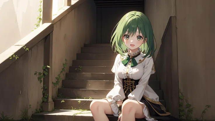 fantasy, amazing intricate, high saturation, illustration, cute girl, solo, round eyes, medium breasts, 
:d, 
green hair, sitting, in a stairwell, 
(looking away:1.2), 
medium hair, flipped hair, 
, 
, 
, 
, 
(hair down:1.1), 
, 
cowboy shot, 
(fantasy folk costume:1.6)