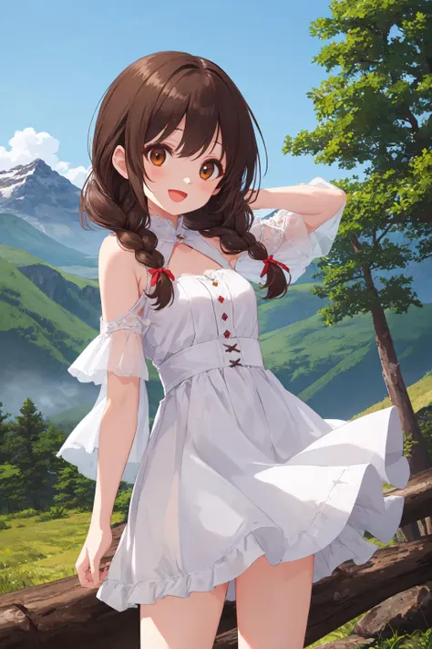 best quality, amazing intricate, cute girl, dark brown eyes, happy, :d, small breasts, 
dark brown hair, twin braids, white dress, 
from front, cowboy shot, standing, 
in the forest, mountain in the distance, sky