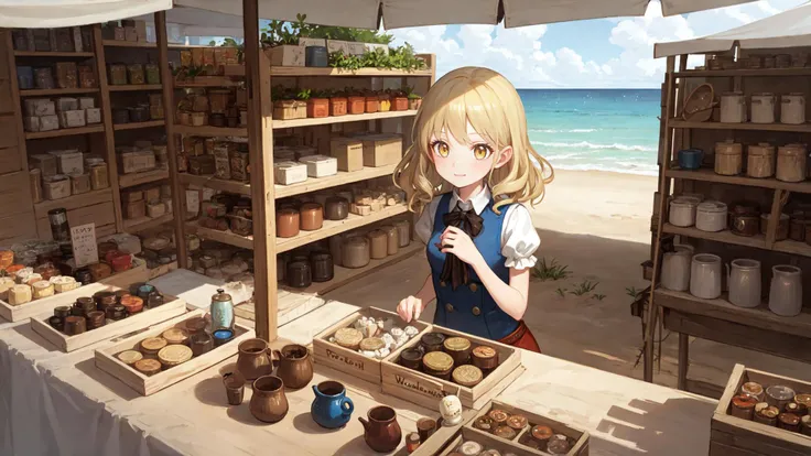 best quality, amazing intricate,
1 girl, adult (elven:0.7) woman, yellow eyes, light blonde beach waves hair,,
dark brown,
hazel,
looking up, solo, (full body:0.6), detailed background, detailed face, (<lora:WoodIronAIv2:0.6>, WoodIronAI theme:1.1), greedy smile, arms spread, store clerk, (kaleidoscopic:0.8) leather merchant clothes, pouches, (medieval market stall:1.1), (storage baskets:0.8), selling wide variety of colorful pottery, earthenware, stoneware, porcelain, ceramics, clay, pots, stack of glittering coins,,
light blonde,
twin drills hair,
french,
bioshock infinite