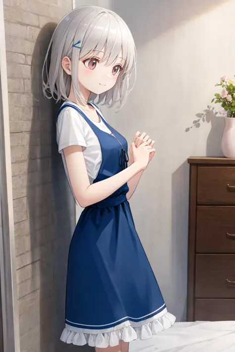 best quality, amazing intricate, cute girl, round eyes, happy, (closed mouth and smile:1.2), small breast, (looking away:1.3), 
grey hair, 
medium hair, 
, 
cutting hair, 
from side, cowboy shot, leaning back against a wall, 
pink dress, t shirt, blue dress skirt, 
in a bedroom