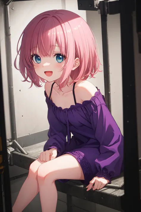 best quality, amazing intricate, cute girl, round eyes, blue eyes, small breasts,
medium hair, pink hair, flipped hair,
:d, dark green hair, fetal position, in a prison cell,
portrait,
purple dress,
short dress,