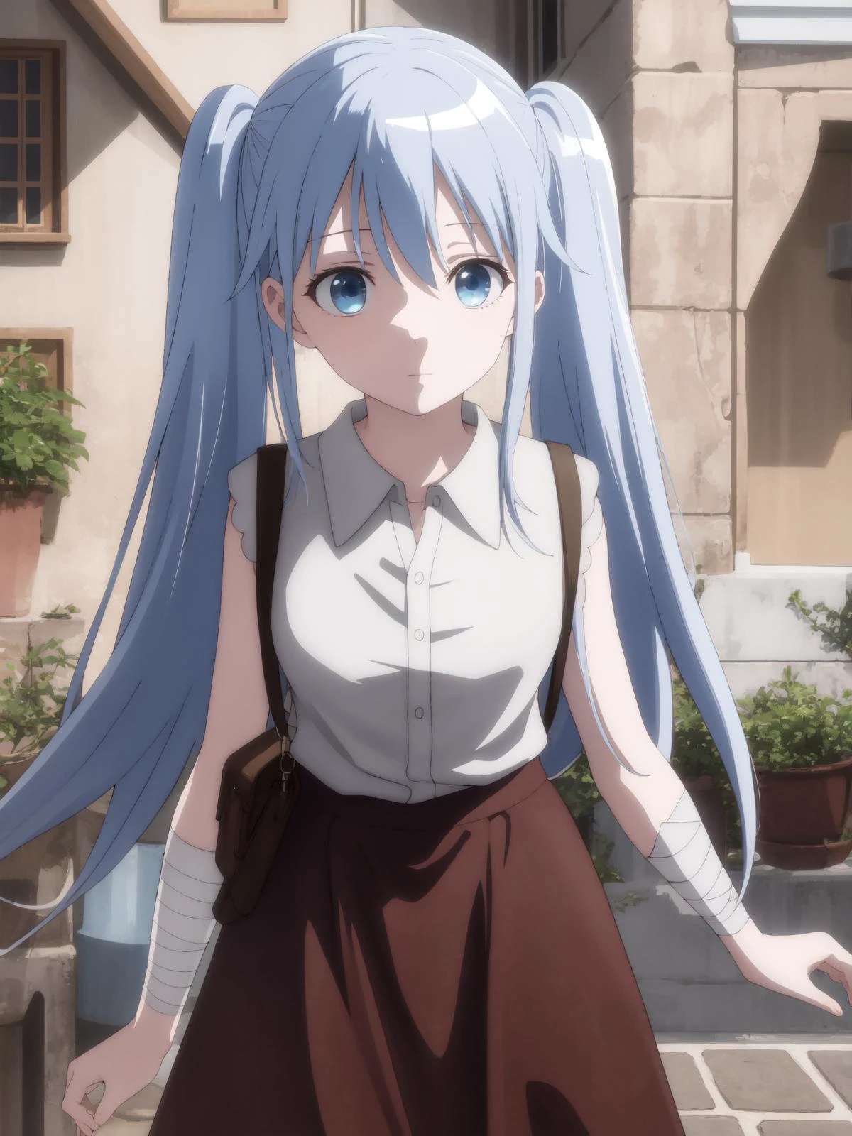 (best quality:1.4), amazing intricate,
<lora:lafanpan s1-lora-nochekaiser:1> lafanpan, long hair, blue eyes, twintails, blue hair, bandages,
exhausted, body bridge, in a courtyard,
(looking away:1.2),
from front,
cowboy shot,
Sweet and Subtle: A collared shirt in a soft, pastel hue paired with a flared skirt in a complementary shade. Embrace delicate jewelry and feminine accessories for a sweet look.