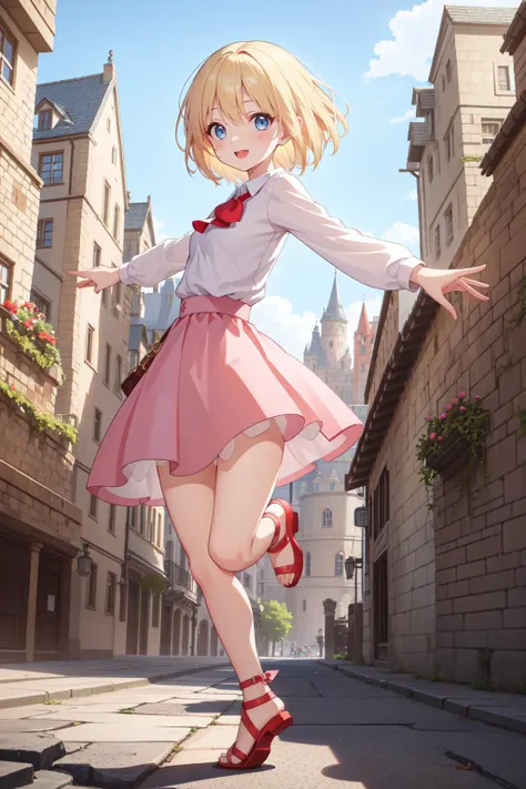 ultra detailed, cute girl, fantasy, full body, standing, dancing, outstretched hands, early teen, small breasts, blond hair, short hair, (flipped hair:1.4), blue eyes, white collared dress, pink cloth, red skirt, (long skirt:1.4), flared skirt, in the square of the castle town, outdoor, in medieval main street, round eyes, :D, from below, turned away but looking back over her shoulder, dropping eyes