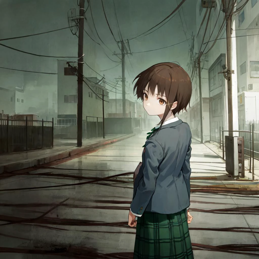 amazing intricate, brown eyes, expressionless, looks small, iwakura lain,
(schlain:1.2), grey jacket, plaid skirt, green skirt, (cold color, desaturate:1.2), from behind, looking back,
city, building, Electrical wire, <lora:lain-v1r1:0.8>