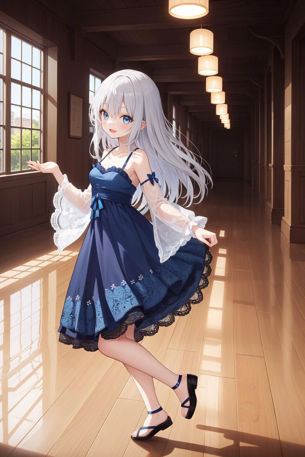 amazing intricate, cute girl, silver hair, long hair, round eyes, blue eyes, dropping eyes, happy, :d, small breasts,
blue dress, lace pattern, bare shoulder, separate sleeves,
full body, from side, standing, dancing, hand up, leg up,
indoor, wide and large hall