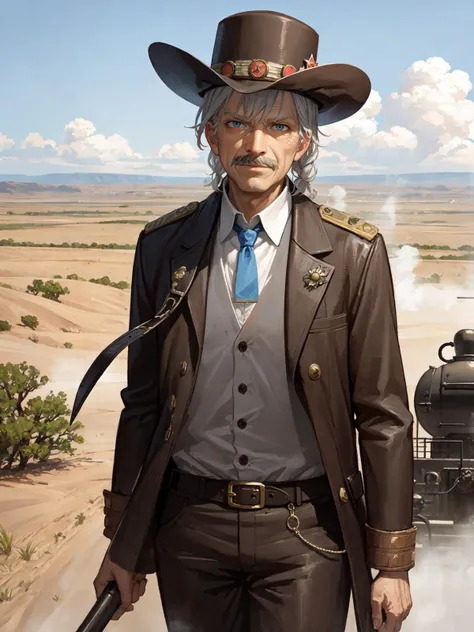 best quality, amazing intricate,
(1man, wrinkled face, old male:1.2), wise, light blue eyes, gray hair, mustache,,
light blue,
hazel,
portrait, (bloody scars:0.7), looking down, focus on character, solo, (full body:0.6), detailed face, (<lora:ZonaiAIv8:0.6>, ZonaiAI theme:1.1), bandit, belt, bolo tie, walking, determined gaze, 19th century wild west, wild west era old railway with steam engine in background, desert backdrop, sunshine, epic atmosphere, dust,,
dark brown,
dutch braid,
icelandic,
<lora:SovietPunkAIv2:0.6>, sovietpunkai, soviet