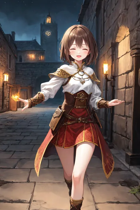 (Medieval European Fantasy:1.2), best quality, amazing intricate, adventurer girl, (looking away:1.2), (Various hairstyles:1.3), closed eyes and smile, :d, 
(Warrior:1.4), 
Tan, medium breasts, 
short hair,  brown hair, 
(dungeon, <lora:dungeon_v2.0:1>:1.1), 
running, from front, , night, <lora:flat2:-0.4>