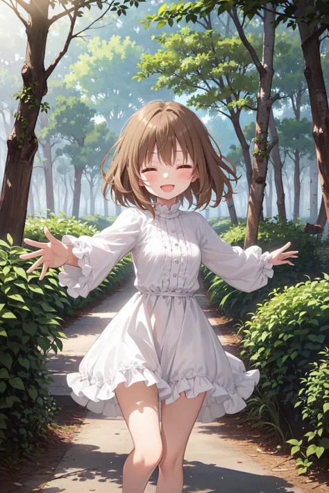 amazing intricate, cute girl, round eyes, dropping eyes, small breasts, 
closed eyes and smile, :d, light brown hair, outstretched leg, in a luminous forest, 
medium hair, 
, 
, 
(brushing hair:1.2), 
, 
(alternate hairstyle:1.1), 
mohawk, 
portrait, 
aqua dress, 
trapeze dress,