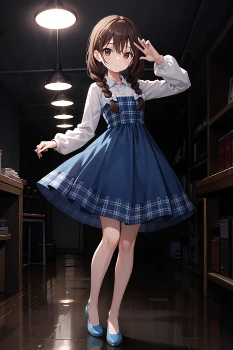 cute girl, dark brown hair, twin braids, dark brown eyes, round eyes, dropping eyes, small breasts,
full body, standing, (pose:1.2), ceiling, dark background, Global illumination, pumps,
blue dress, plaid dress, collared one piece dress, long sleeves, long dress