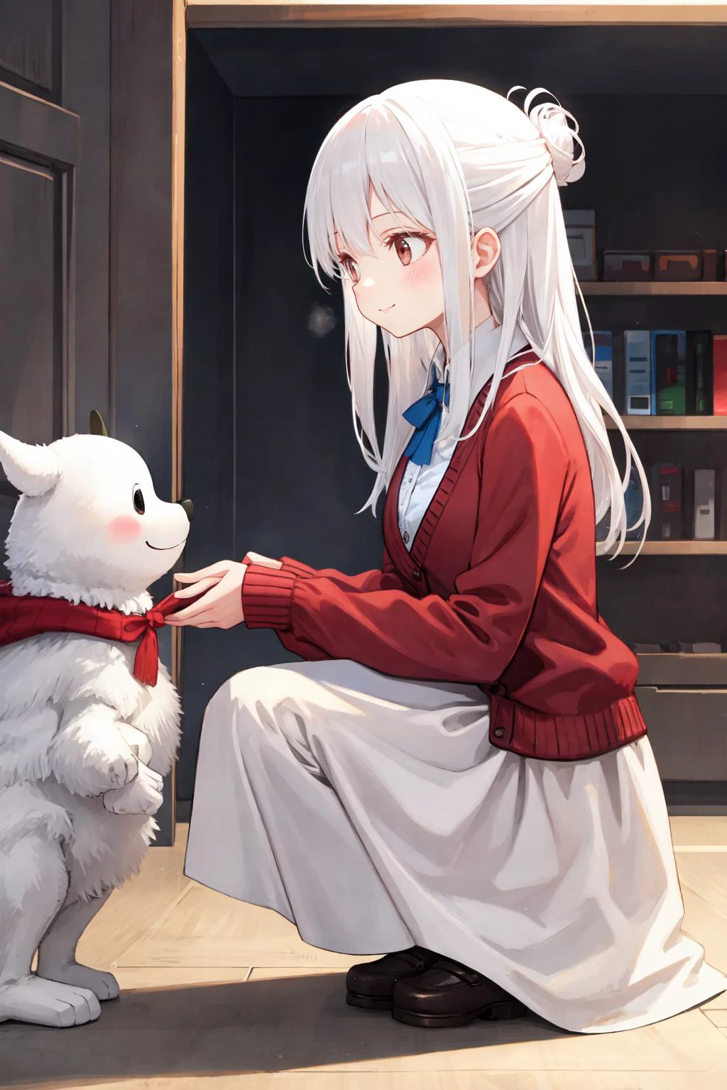 best quality, amazing intricate, cute girl, round eyes, happy, (closed mouth and smile:1.2), small breast, (looking away:1.3),
white hair,
long hair,
(half updo:1.2),
,
from side, cowboy shot, on one knee,
red dress, shirt, cardigan, long sleeves, white dress long skirt,
at the north pole