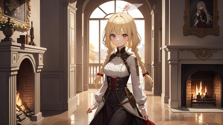 fantasy, amazing intricate, high saturation, illustration, cute girl, solo, round eyes, medium breasts,
smile,
blonde hair, walking, in front of fireplace,
(looking away:1.2),
long hair, dreadlocks,
(swept bangs:1.2),
(low twin braids:1.1),
(hairdressing:1.2),
,
,
antenna hair,
cowboy shot,
(fantasy folk costume:1.6)