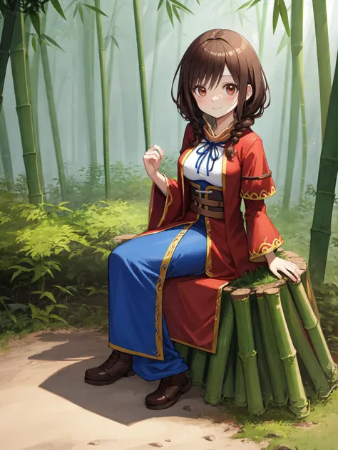 best quality, amazing intricate, cute girl, (round eyes:1.3), dark brown eyes, happy, medium breast,
(closed mouth and smile:1.2), dark brown hair, twin braids,
looking at viewer,
from front
full body, sitting parallel to the camera, hand on knee, (fantasy folk costume:1.6),
in a bamboo forest