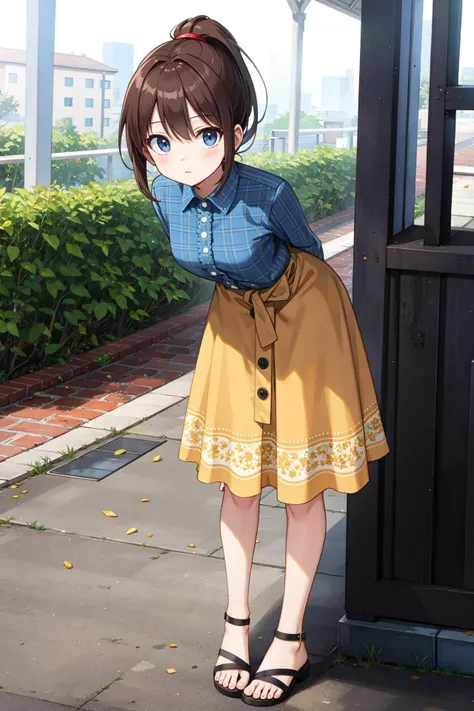 (best quality:1.4), amazing intricate, cute girl, dark brown hair, high ponytail, dark blue eyes, round eyes, dropping eyes, small breasts,
parted lips, (standing in an s-shape, leaning forward:1.3), arms behind back, orangery,
looking at viewer, full body,
Frilled button-up shirt tied at the waist, worn with a printed long skirt and sandals