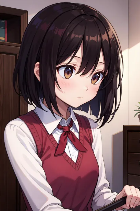 (best quality:1.4), amazing intricate, cute girl, round eyes, dropping eyes, small breasts,
Expressionless, black hair, toe-point, in a changing room,
(looking away:1.2),
medium hair, bob cut,
,
,
,
(messy hair:1.2),
(hair down:1.1),
,
from front,
upper body,
Sheer collared shirt layered under a sweater vest, paired with a suede flared skirt and knee-high boots.